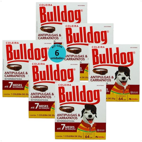 COLEIRA ANTIPULGAS E CARRAPATOS BULLDOG 7 COM 64CM E 25G PARA CÃES COVELI KIT COM 6